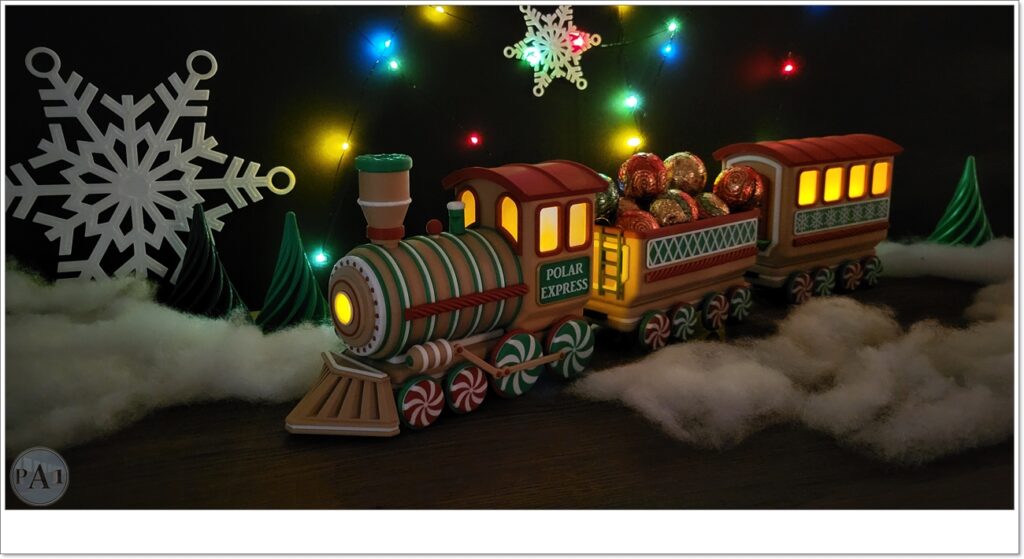 Illuminated Gingerbread Train with lights on